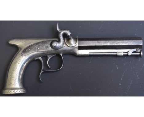 English all metal saw-handle percussion hammer action pistol with engraved white metal body, storage compartment to the butt,