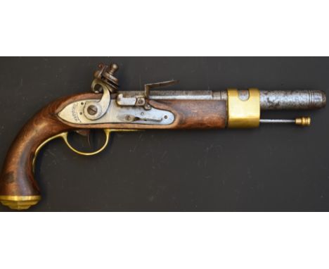 Brander .44 flintlock hammer action coastguard's or constabulary style pistol with named lock, brass trigger guard, butt plat