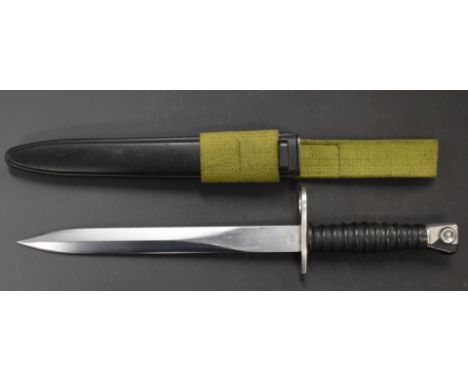 Swiss SIG 1957 pattern bayonet with 24cm double edged blade 37931 to ricasso, scabbard and frog.&nbsp;PLEASE NOTE ALL BLADED 