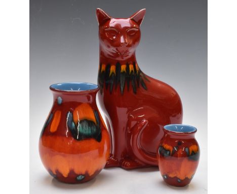 Poole Pottery cat and two vases, tallest 29cm