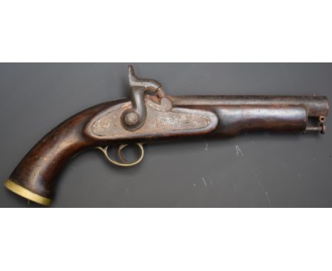 Enfield percussion hammer action pistol with lock stamped '1858 Enfield' brass trigger guard and butt cap, belt loop and 7.5 