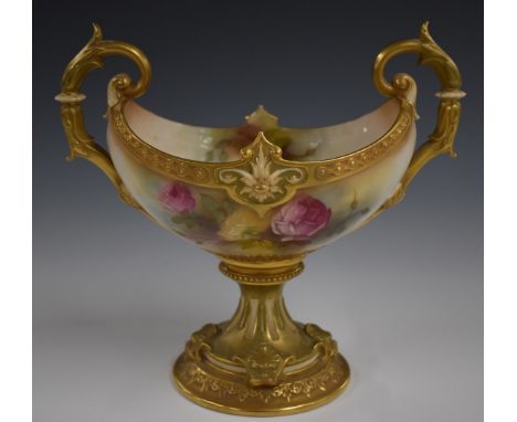 Royal Worcester twin handled pedestal vase decorated with roses and signed M Leaman, shape no 194, W21 x H19.5cm