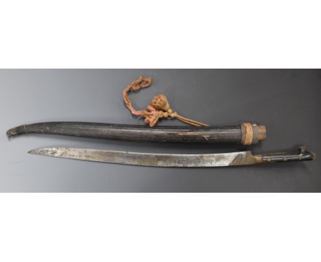 Persian short sword with part decorated 48cm blade, scabbard and knot.&nbsp;PLEASE NOTE ALL BLADED ITEMS ARE SUBJECT TO OVER 