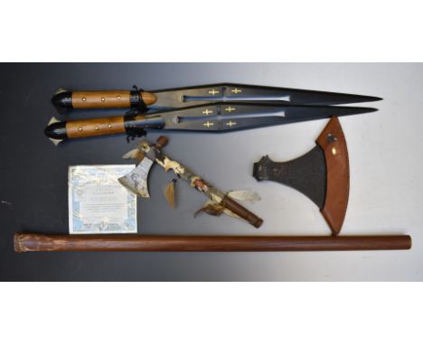 Two display swords, both with 50cm blades, replica throwing axe with cover and a 'Season of the Wolf' tomahawk.&nbsp;PLEASE N