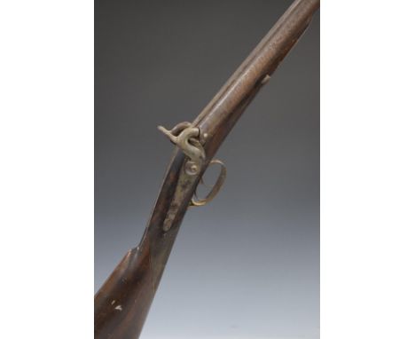 Unnamed 14 bore percussion hammer action side by side muzzle loading shotgun with chequered grip, brass tipped wooden ram-rod