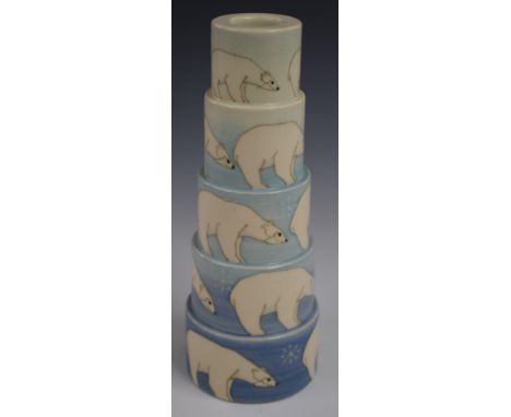 Dennis Chinaworks limited edition no7 stepped candlestick decorated in the Polar Bear pattern, Sally Tuffin monogram and 2006