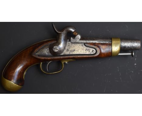 French Gendarmerie percussion hammer action pistol with brass trigger guard and mounts, lock stamped 'Breuer Liege', steel ra
