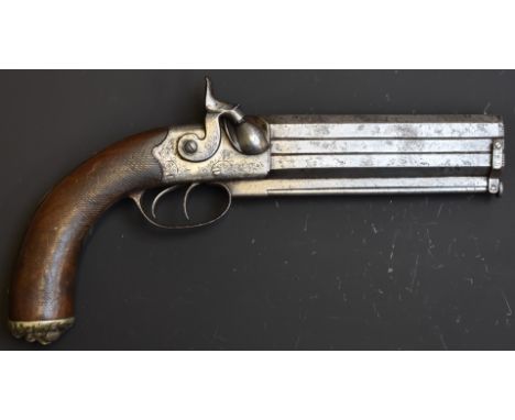 F Barnes &amp; Co of London 28 bore percussion hammer action double barrelled over and under howdah pistol with engraved lock