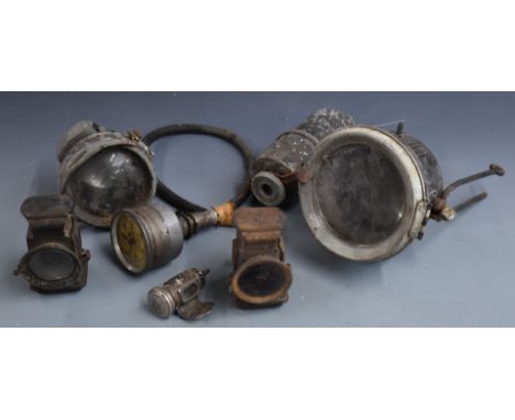 Cowey 60mph vintage motorcycle speedometer with cable, together with various motorcycle lamps comprising Lucas King of the Ro