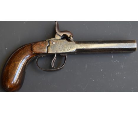 Unnamed 30 bore percussion hammer action double barrelled side by side pocket pistol with engraved lock and trigger guard, sh