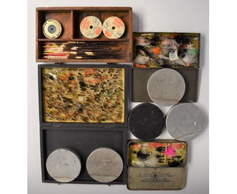 Vintage fishing aluminium cut cast boxes, three boxes of flies, accessories etc