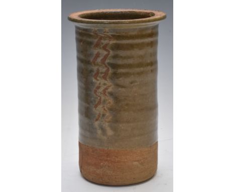 Bernard Leach, St Ives studio pottery vase, the slip glaze with Oriental style decoration, the lower fifth exposed, St Ives s