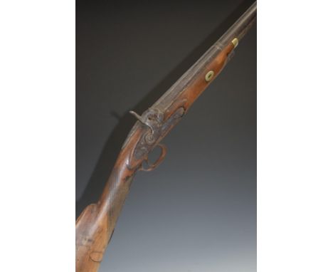 12 bore percussion hammer action sporting gun with indistinctly named lock possibly 'Chas Rorez', chequered grip, vacant cart