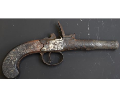 Flintlock hammer action pocket pistol with lock named 'Hove' wire inlaid grip, vacant cartouche to the butt and 3.5 inch cann