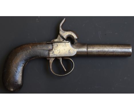 Unnamed percussion hammer action pocket pistol with shaped wooden grip and 2.25 inch smooth bored turn off barrel, overall le