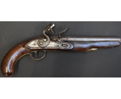 Goodwin &amp; Co flintlock hammer action pistol with named and engraved lock, brass trigger guard and mounts and 8 inch smoot