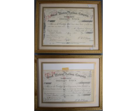 Two Great Western Railway Company GWR share certificates, one 1926 for £200, the other 1938 for £500, both framed and mounted