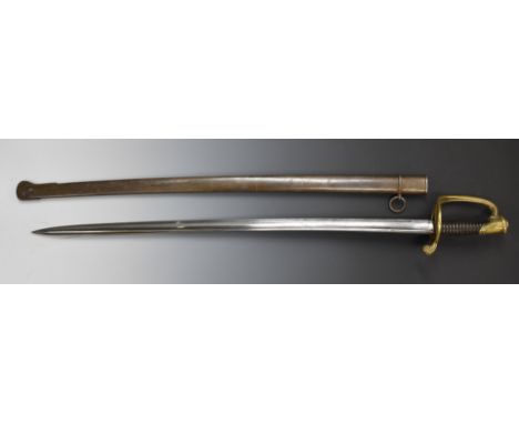 French 1845 pattern sword with brass hilt, stamped 17999 and R.B.G to guard, with 77cm fullered curved blade and scabbard. PL