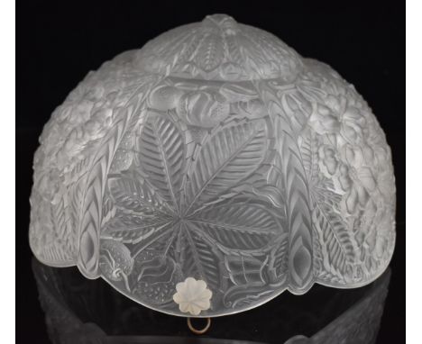 Art Deco style opaque glass relief moulded light shade decorated with fruit, foliage and flowers, 29cm in diameter.&nbsp;