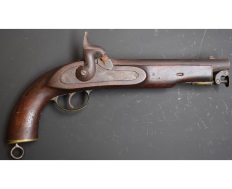 Enfield pattern percussion hammer action pistol with crown over ministry broad arrow and 'Birmingham' stamped to the lock, br