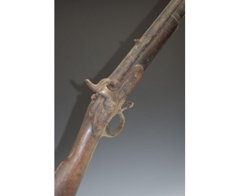 Enfield three band 20 bore percussion hammer action gun with lock stamped with crown over 'VR' cypher and '1864 Enfield', bra