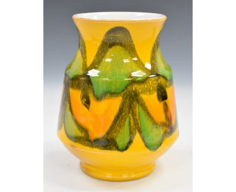 Poole Pottery 1970s Delphis vase decorated by Rosina St Clayre, shape number 83, with green and orange decoration against a y