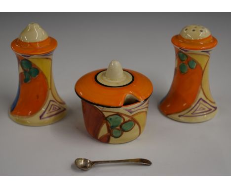 Clarice Cliff for Newport Pottery Fantasque three piece cruet decorated in the Melon pattern, tallest 8cm&nbsp;