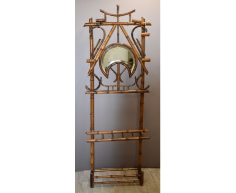 Victorian bamboo hallstand, with bevelled crescent moon shaped mirror, height 210 x width 77