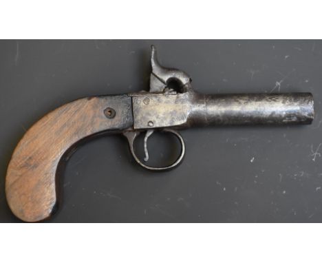 Unnamed percussion hammer action pocket pistol with wooden grip&nbsp;and 2.25 inch rifled turn off barrel, overall length 17.
