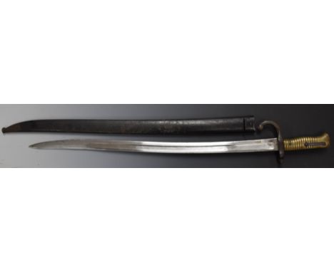 French 1866 pattern chassepot bayonet with 57cm fullered Yataghan blade and stamped 23/02 to crossguard, with scabbard. PLEAS