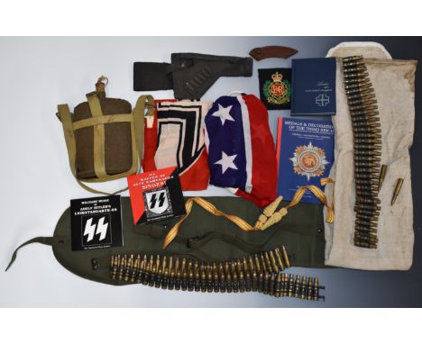 Collection of militaria including link ammunition,&nbsp;WW2 style water bottle, canvas pistol holster, carbine holder, Medals