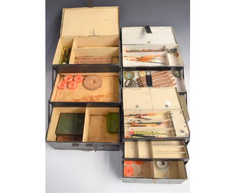 Three vintage Japanned cantilever 1940s fishing tackle boxes with tackle and accessories