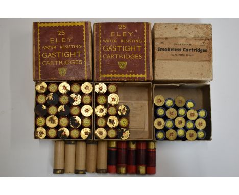 A collection of collectable paper cased shotgun cartridges including thirty-eight Eley 12 bore Water Resisting Gastight Cartr