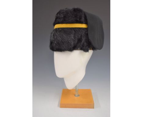 British Army Royal Gloucestershire Hussars fur busby retaining yellow cord line and black bag, SSM Clotworthy to interior.&nb