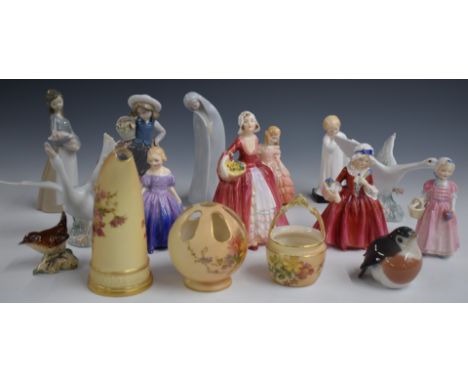 Six Royal Doulton figurines, five Lladro figures, Royal Worcester and Copenhagen porcelain