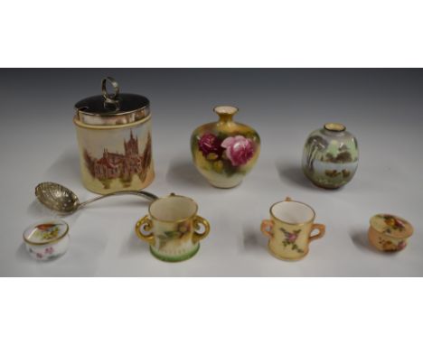 Royal Worcester signed pedestal vase decorated with roses (indistinct signature), miniature tygs and pill boxes, Locke and Co