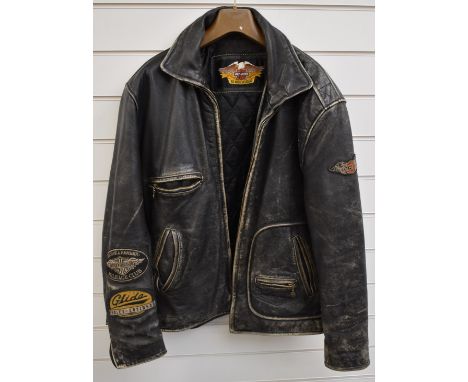 Vintage Harley Davidson leather motorcycle jacket with 'Mileage Club' and 'Glide' emblems, size L regular