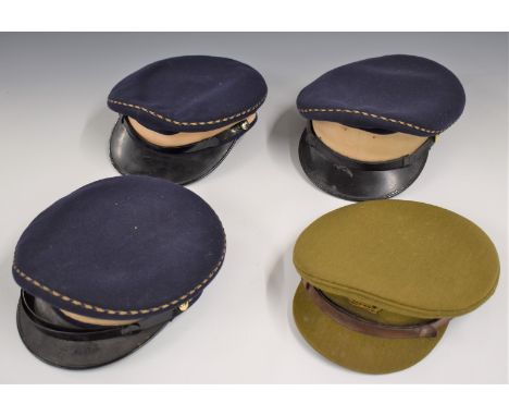 Three British Army Royal Gloucestershire Hussars blue dress hats with blue and gold piping to the top, together with a khaki 