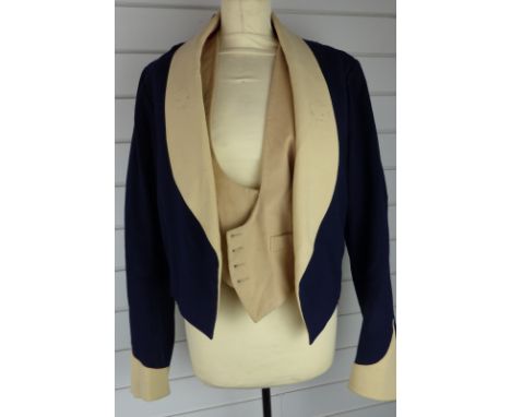 British Army Royal Gloucestershire Hussars officer's mess jacket in blue and buff cloth with crimson silk lining, named J D B