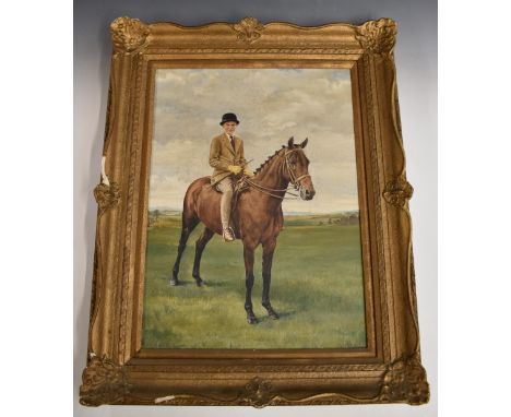 M Weirs oil on canvas, believed to be a portrait of Guy Rimell on a horse Cherry Ripe, signed lower right 56 x 41cm, in ornat