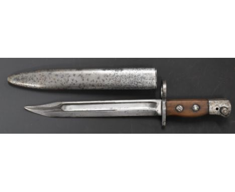 British knife bayonet with wooden grips, 20cm 'Bowie' fullered blade and scabbard.&nbsp;PLEASE NOTE ALL BLADED ITEMS ARE SUBJ