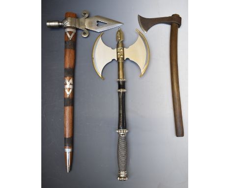 Three replica weapons including North American Frontier axe, Magnum double headed axe and a Viking battle axe, largest with 6