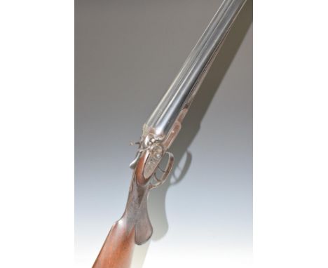 H C Little & Sons 12 bore side by side hammer action shotgun with engraved scenes of birds to the locks, ornate curved reboun