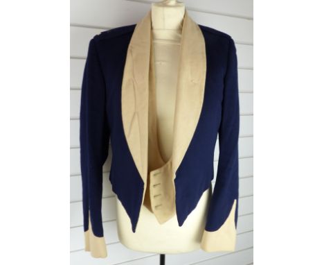 British Army Royal Gloucestershire Hussars officer's mess jacket in blue and buff cloth with crimson silk lining, named Capta