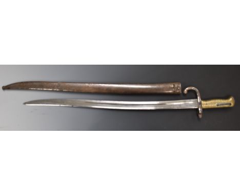 French 1866 pattern chassepot bayonet dated 1873 to 57cm fullered Yataghan blade and stamped R.S 38460 to cross guard, with s