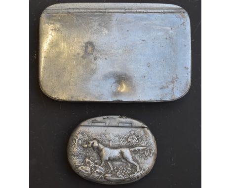 Two James Dixon &amp; Sons boxes one a snuff box with embossed decoration of a huntsman and dog in countryside setting the ot