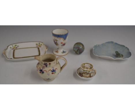 A group of ceramics including Meissen egg cup, jug, Copenhagen dish, Spode and a large vintage millefiori glass marble