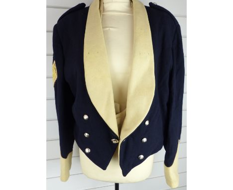 British Army Sergeant's mess jacket in blue and buff cloth with black silk lining and waistcoat with Sergeant's chevrons and 