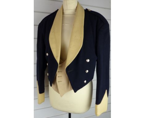 British Army Royal Gloucestershire Hussars mess jacket in blue and buff cloth with black silk lining and waistcoat, named to 