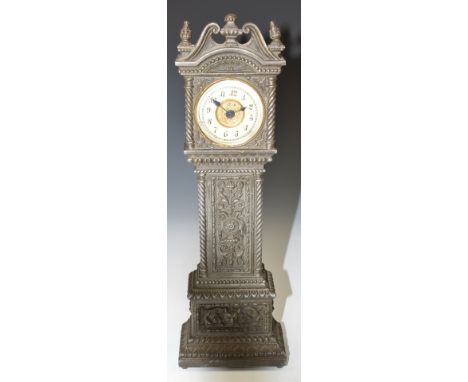 Novelty cast metal miniature longcase clock, the dial marked Ansonia clock company, height 30cm